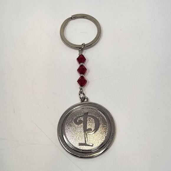 Accessories Accessories - Initial Letter P Round Keychain Charm Silver Tone Red Crystal Beads Chunky